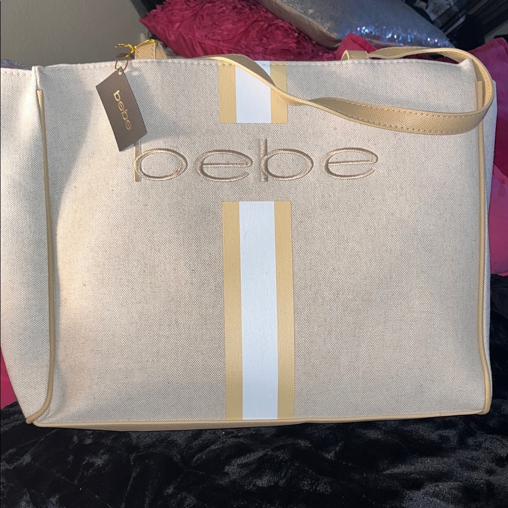 Bebe Cream and White Tote Bag